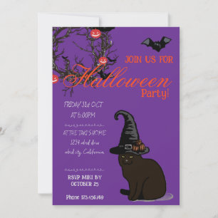 Halloween Custom Whimsical Funny Cat Lila Einladung