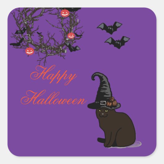 Halloween Custom Whimsical Funny Cat Lila Quadratischer Aufkleber (Vorderseite)