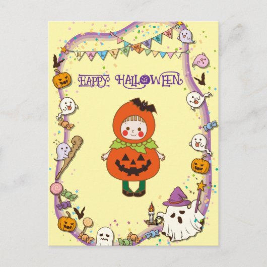 Halloween Custom Whimsical Niedlich Pumpkin Girl Postkarte (Vorderseite)