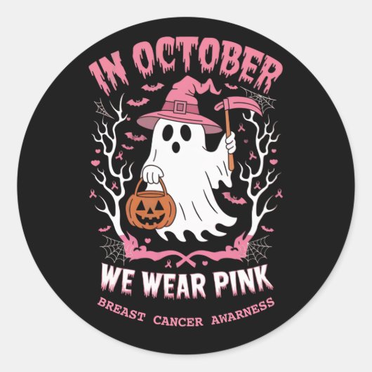 Halloween Cute Pink Ghost And  In October We Wear  Runder Aufkleber (Vorderseite)