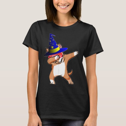 Halloween Dabbing Wizard Pitbull Puppy Dog Hexe H T-Shirt (Vorderseite)