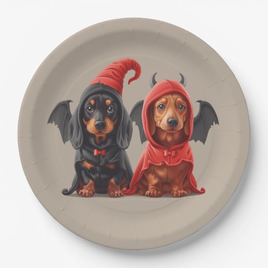 Halloween Dackel Hunde Devil Bat Pappteller (Vorderseite)