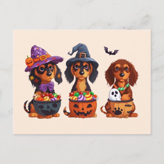 Halloween Dackel Hunde Pumpkin Candy Bucket Postkarte (Vorderseite)