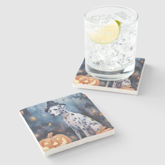 Halloween-Dalmatinie mit Pumpkins Beängstigend Steinuntersetzer (Seitenansicht)