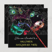 HALLOWEEN DAMASK MASQUERADE PARTY Schwarz Blau Einladung (Vorne/Hinten)