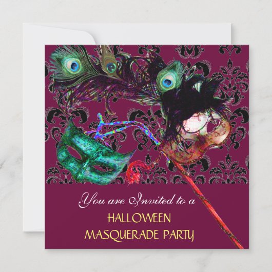 HALLOWEEN DAMASK MASQUERADE PARTY violett blau Einladung (Vorderseite)