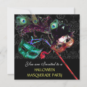 HALLOWEEN-DAMAST-MASKENBALL-Party Schwarz Blau Einladung