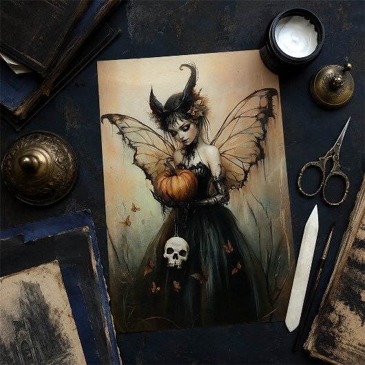 Halloween Dark Fairy mit Pumpkin und Skull Seidenpapier