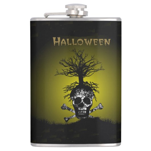 Halloween Design mit Skull und Spooky Tree Flachmann (Vorderseite)