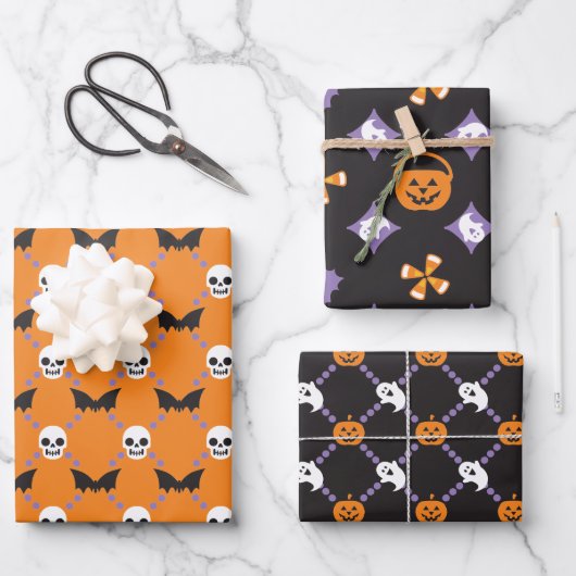 Halloween Designer Spaß, Skulls & Pumpkins Geschenkpapier Set (Vorderseite)