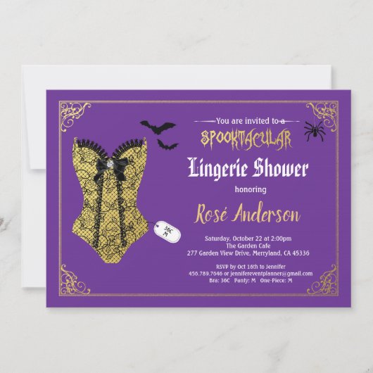 Halloween Dessous Dusche lila Schwarze Spitze Einladung (Vorderseite)