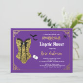 Halloween Dessous Dusche lila Schwarze Spitze Einladung (Stehend Vorderseite)
