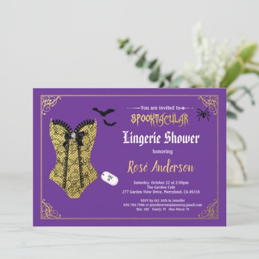Halloween Dessous Dusche lila Schwarze Spitze Einladung (Stehend Vorderseite)