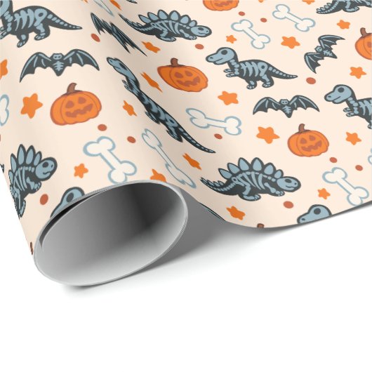 Halloween Dinosaurier Skelette Pumpkin & Bats Geschenkpapier (Rolleneckpunkt)