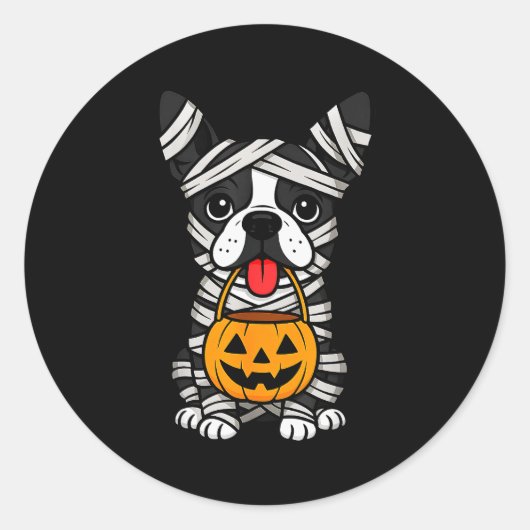 Halloween Dog Boston Terrier Mummy Costume Men Wom Runder Aufkleber (Vorderseite)