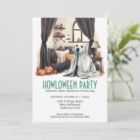 Halloween Dog Themed Party Howloween Spaß Einladung (Stehend Vorderseite)