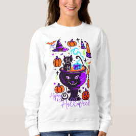 Halloween Doodle Graphic Cat Witch Pumpkin Hoodie, Sweatshirt