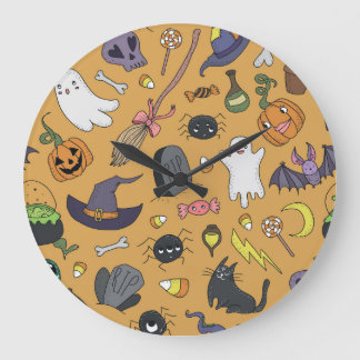 Halloween Doodle Objects Nahtloses Muster Große Wanduhr