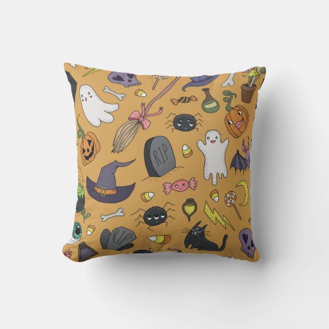 Halloween Doodle Objects Nahtloses Muster Kissen (Vorderseite)
