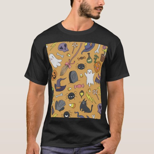 Halloween Doodle Objects Nahtloses Muster T-Shirt (Vorderseite)