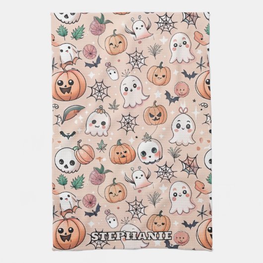 Halloween Doodle Pattern mit Ghosts & Pumpkins 2 Geschirrtuch (Vertikal)