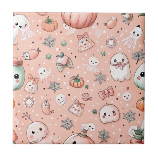 Halloween Doodle Pattern mit Ghosts & Pumpkins Fliese (Vorderseite)