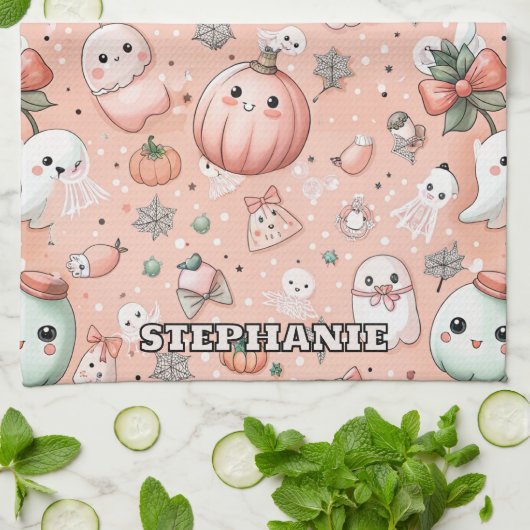 Halloween Doodle Pattern mit Ghosts & Pumpkins Geschirrtuch (Gefaltet)