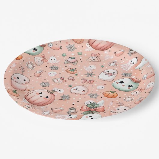 Halloween Doodle Pattern mit Ghosts & Pumpkins Pappteller (Schrägansicht)