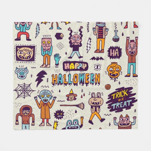 Halloween Doodles, wackeliger Cartoon nahtloses Se Fleecedecke (Vorderseite (Horizontal))