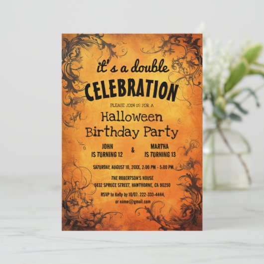 Halloween Double Birthday Party Einladung (Stehend Vorderseite)