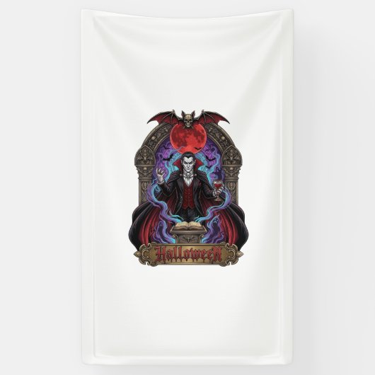 Halloween Dracula Roter Mond Fledermäuse Schädel_1 Banner (Vertikal)