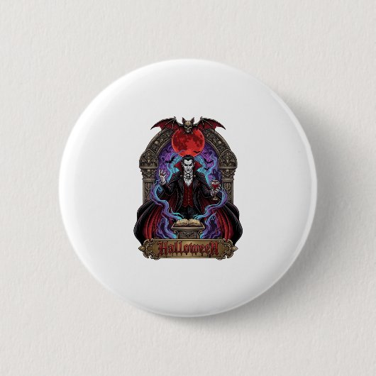 Halloween Dracula Roter Mond Fledermäuse Schädel_1 Button (Vorderseite)
