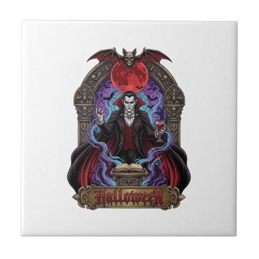 Halloween Dracula Roter Mond Fledermäuse Schädel_1 Fliese (Vorderseite)