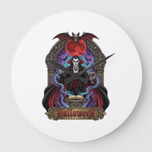 Halloween Dracula Roter Mond Fledermäuse Schädel_1 Große Wanduhr