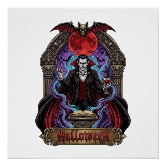 Halloween Dracula Roter Mond Fledermäuse Schädel_1 Poster (Vorderseite)
