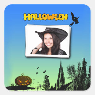 Halloween Dusk with Witch Add Photo Frame Quadratischer Aufkleber