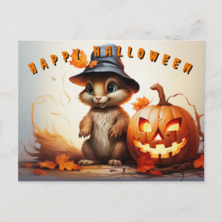 Halloween-Eichhörnchen mit Niedlichem Hut und Kürb Feiertagspostkarte