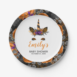 Halloween-Einhorn Orange Schwarze Babyparty Pappteller