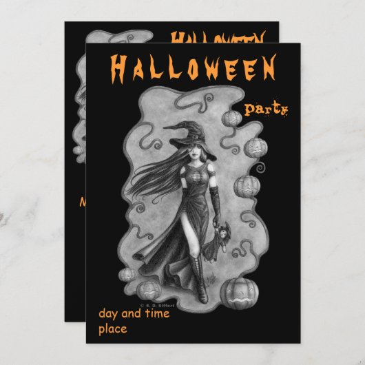 Halloween-Einladung zu Hexe und Puppe (Vorne/Hinten)