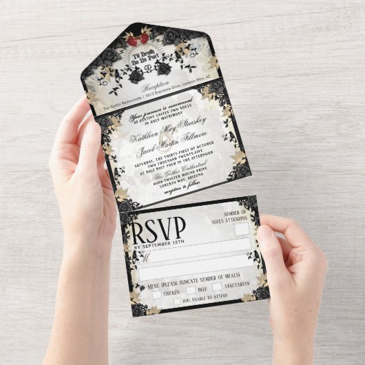 Halloween Elegante Black Rose Skeletons MENU UAWG All In One Einladung (Abreißen)