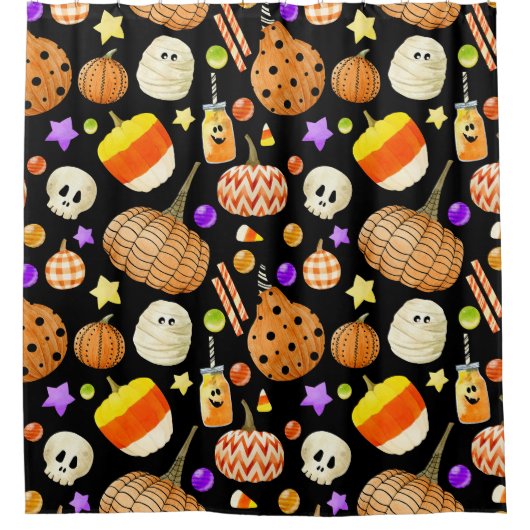 Halloween-Elemente: Kürbis, Schädel, Muschelmuster Duschvorhang (Vorderseite)