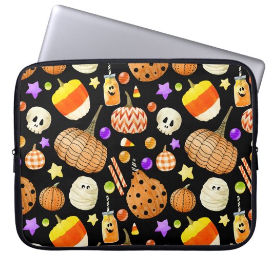 Halloween-Elemente: Kürbis, Schädel, Muschelmuster Laptopschutzhülle (Vorderseite)