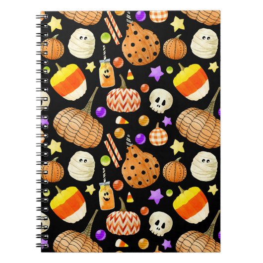 Halloween-Elemente: Kürbis, Schädel, Muschelmuster Notizblock (Vorderseite)
