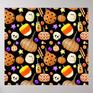 Halloween-Elemente: Kürbis, Schädel, Muschelmuster Poster