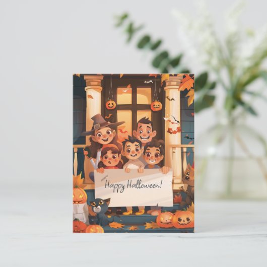 Halloween Eltern mit drei Kindern Postkarte (Stehend Vorderseite)