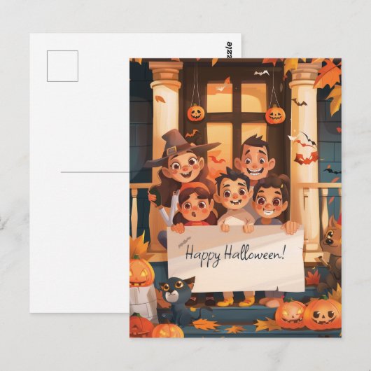 Halloween Eltern mit drei Kindern Postkarte (Vorne/Hinten)