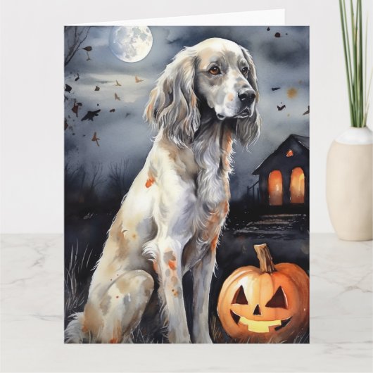 Halloween English Setter mit Pumpkins Beängstigend Karte (Vorderseite)