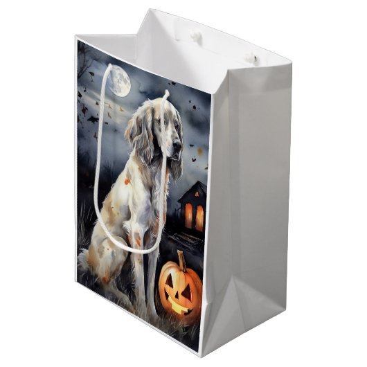 Halloween English Setter mit Pumpkins Beängstigend Mittlere Geschenktüte (Vorderseite Schrägansicht)