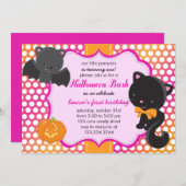 Halloween erster Geburtstag Little Bat, Cat & Pump Einladung (Vorne/Hinten)
