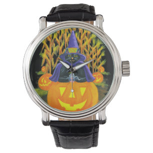 Halloween, Erwachsener, Uhr, Schwarzes, Katze, Armbanduhr